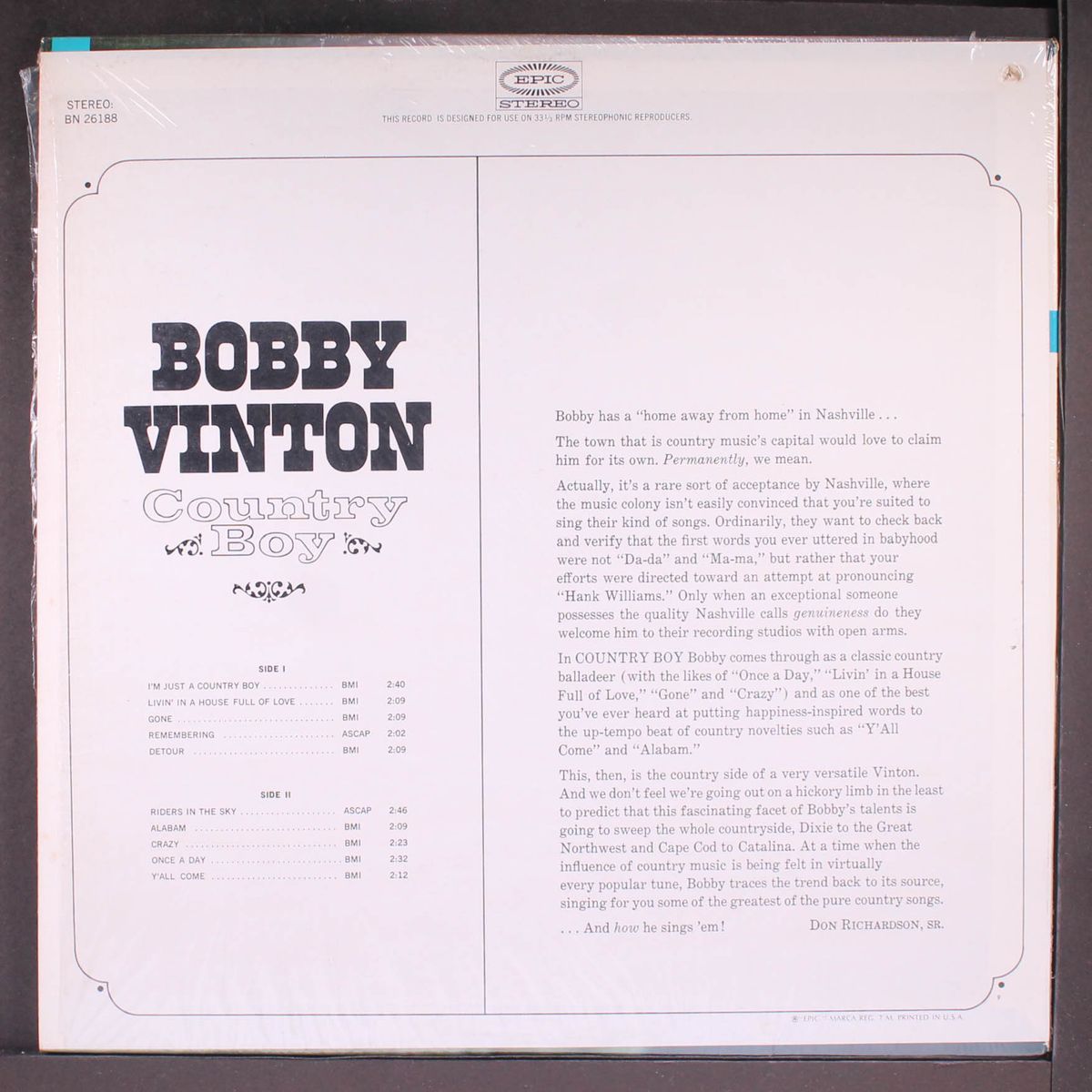 country boy by BOBBY VINTON