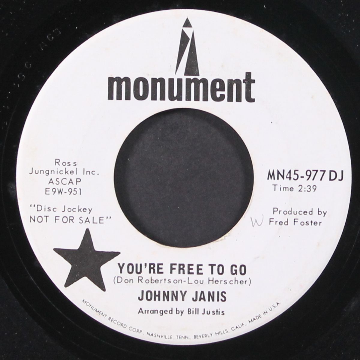 you're free to go / ninety miles an hour by JOHNNY JANIS