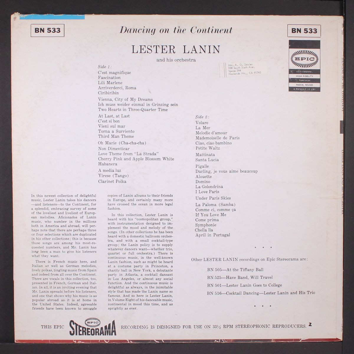 dancing on the continent by LESTER LANIN