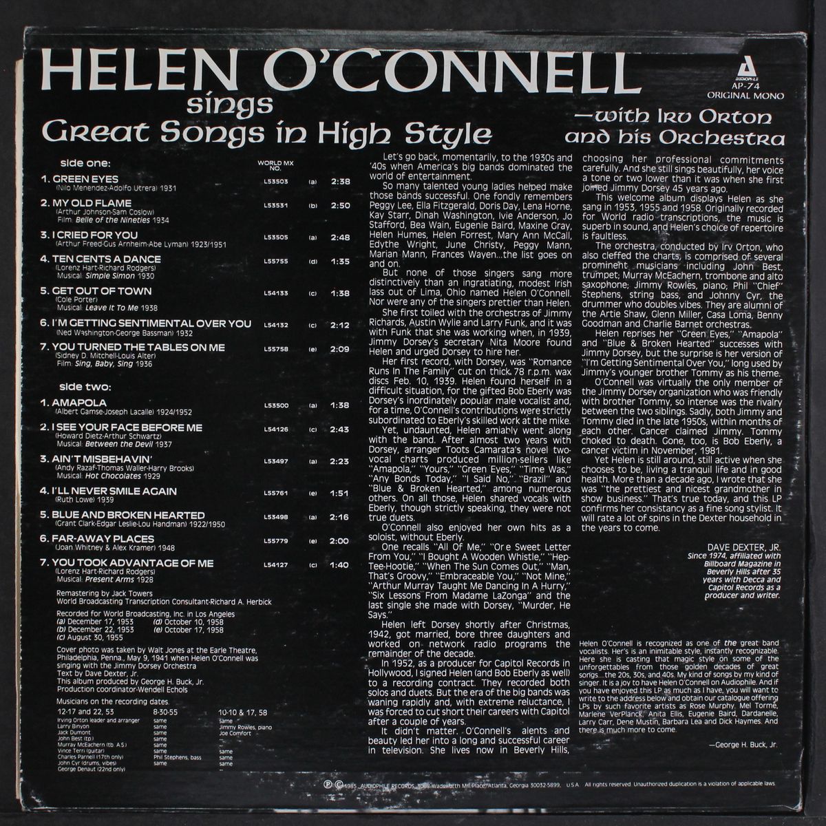 sings great songs in high style by HELEN O'CONNELL