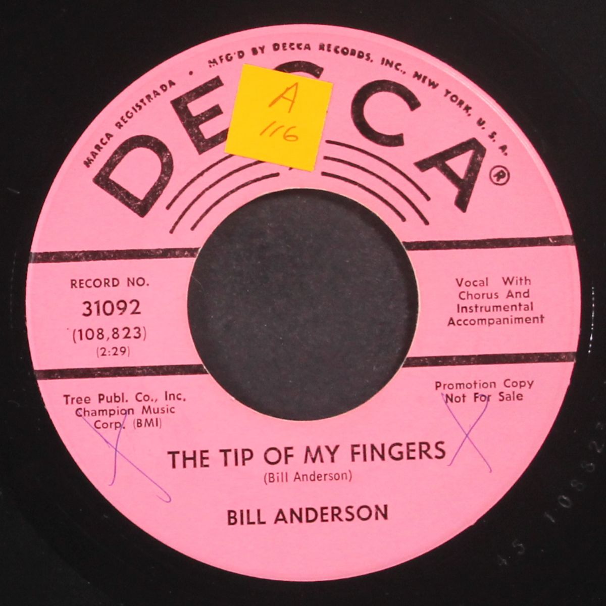 the tips of my fingers / no man's land by BILL ANDERSON