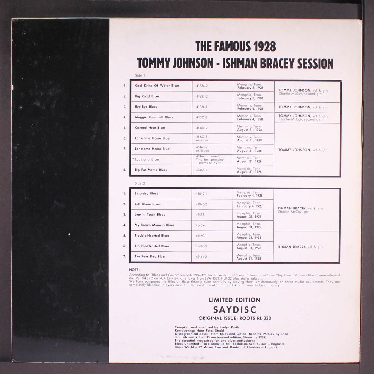 the famous 1928 session by TOMMY JOHNSON / ISHMAN BRACEY