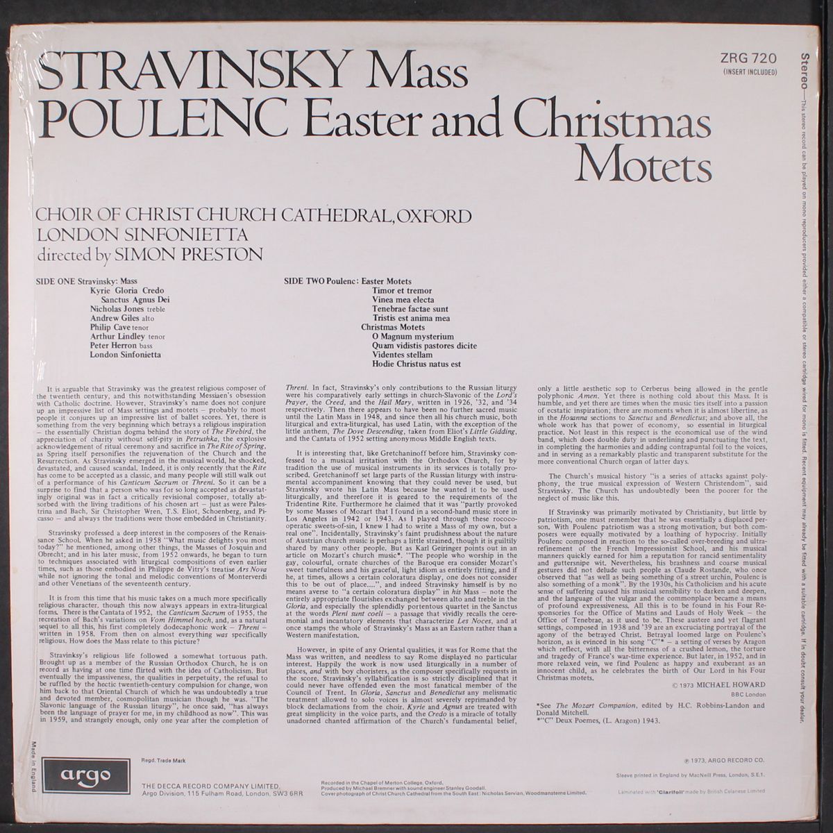 stravinsky: mass, poulenc: easter and christmas motets by CHOIR OF CHRIST CHURCH CATHEDRAL, OXFORD
