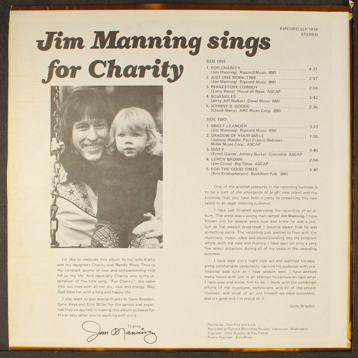 sings for charity by JIM MANNING