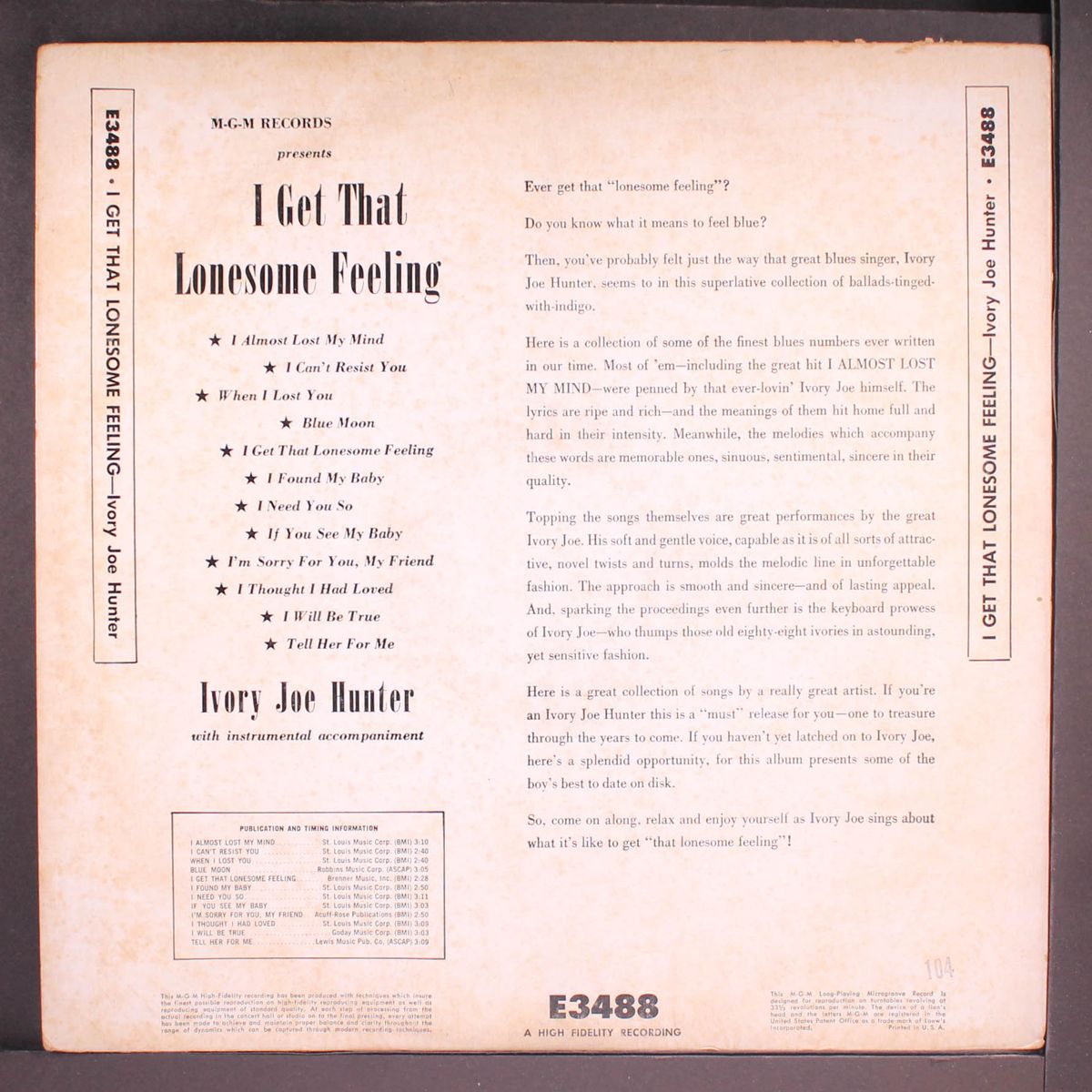 i get that lonesome feeling by IVORY JOE HUNTER