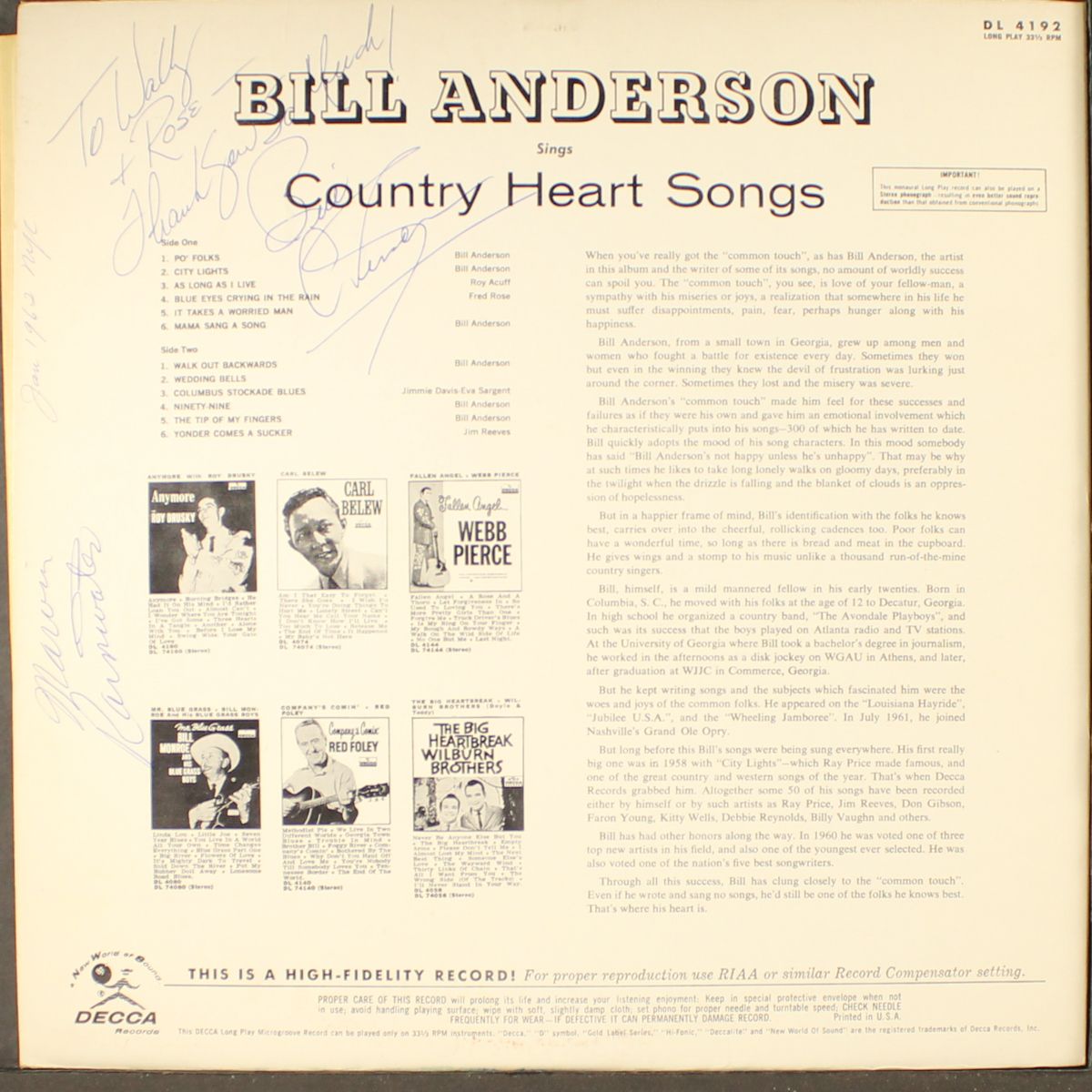 sings country heart songs by BILL ANDERSON