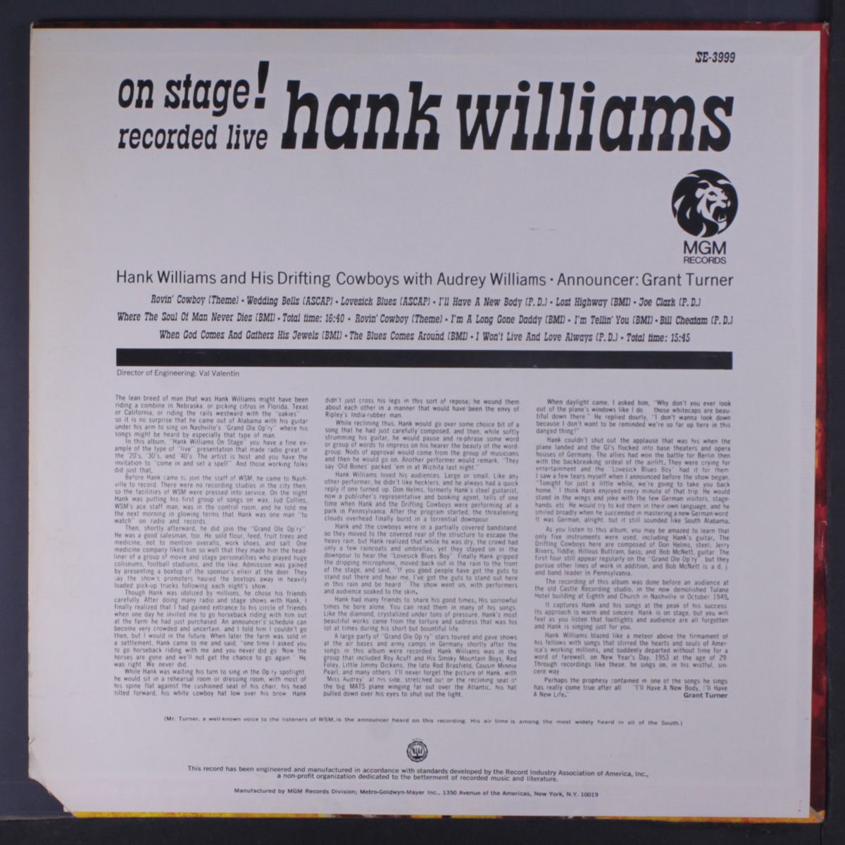 on stage!/recorded live by HANK WILLIAMS