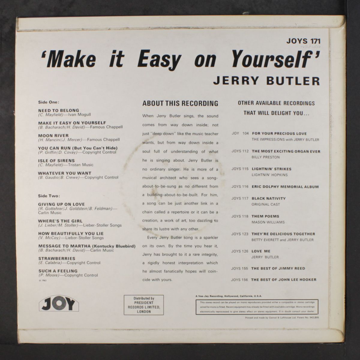 make it easy on yourself by JERRY BUTLER