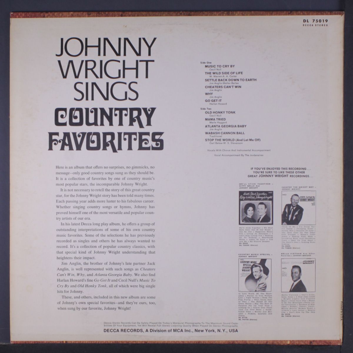 sings country favorites by JOHNNY WRIGHT
