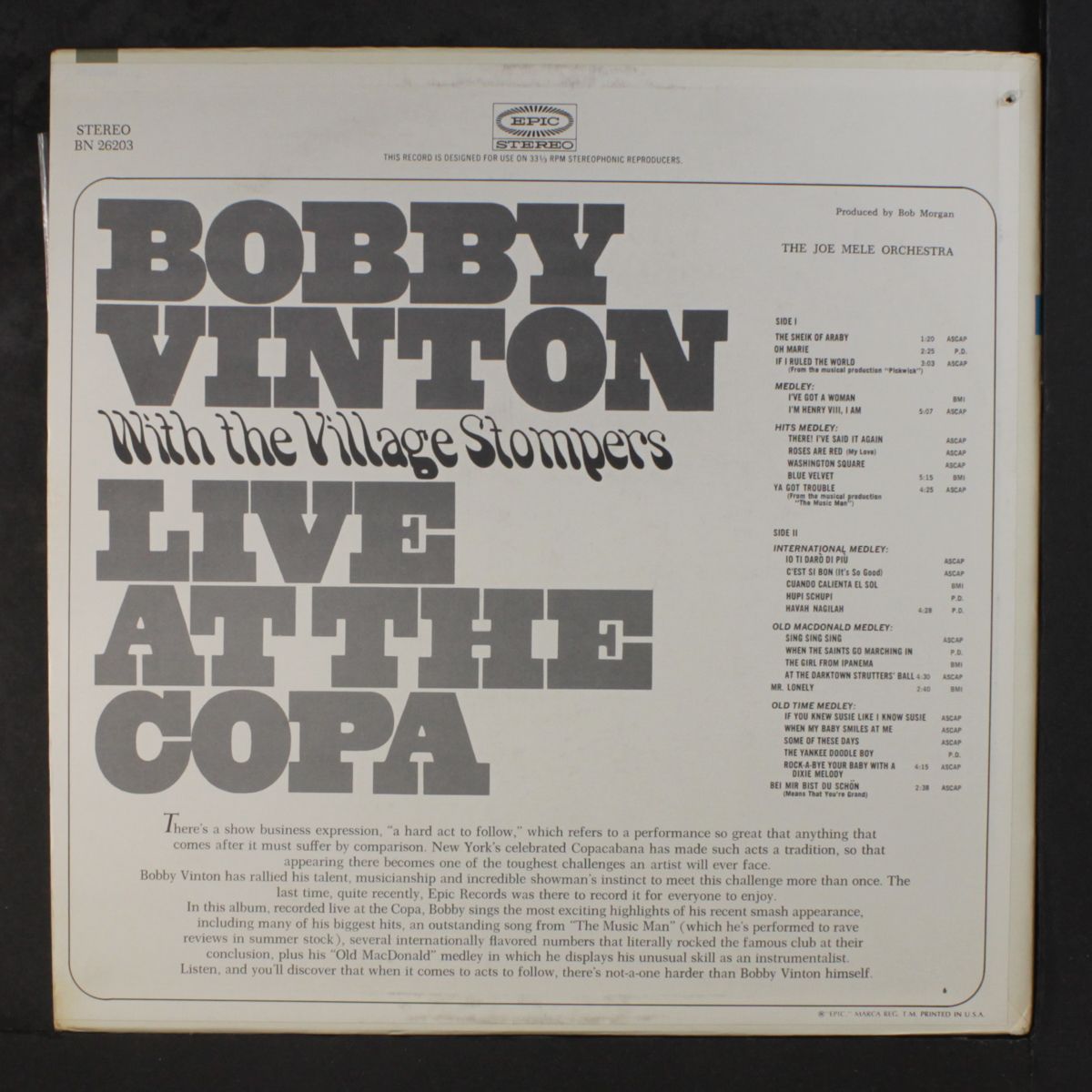 live at the copa by BOBBY VINTON & VILLAGE STOMPERS
