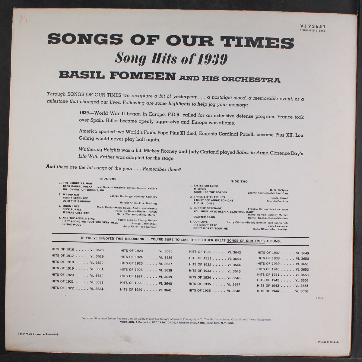 song hits of 1939 by BASIL FOMEEN