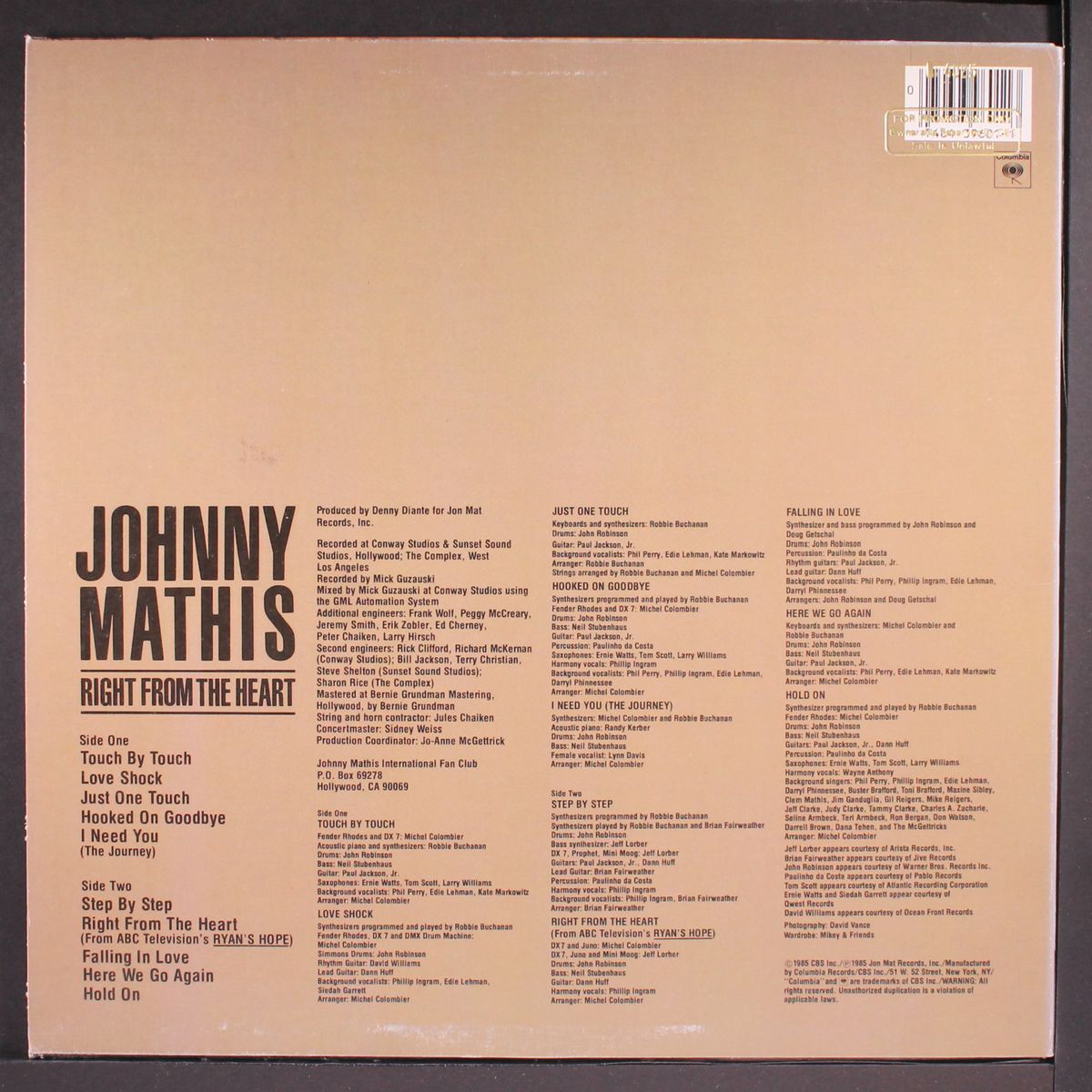 right from the heart by JOHNNY MATHIS