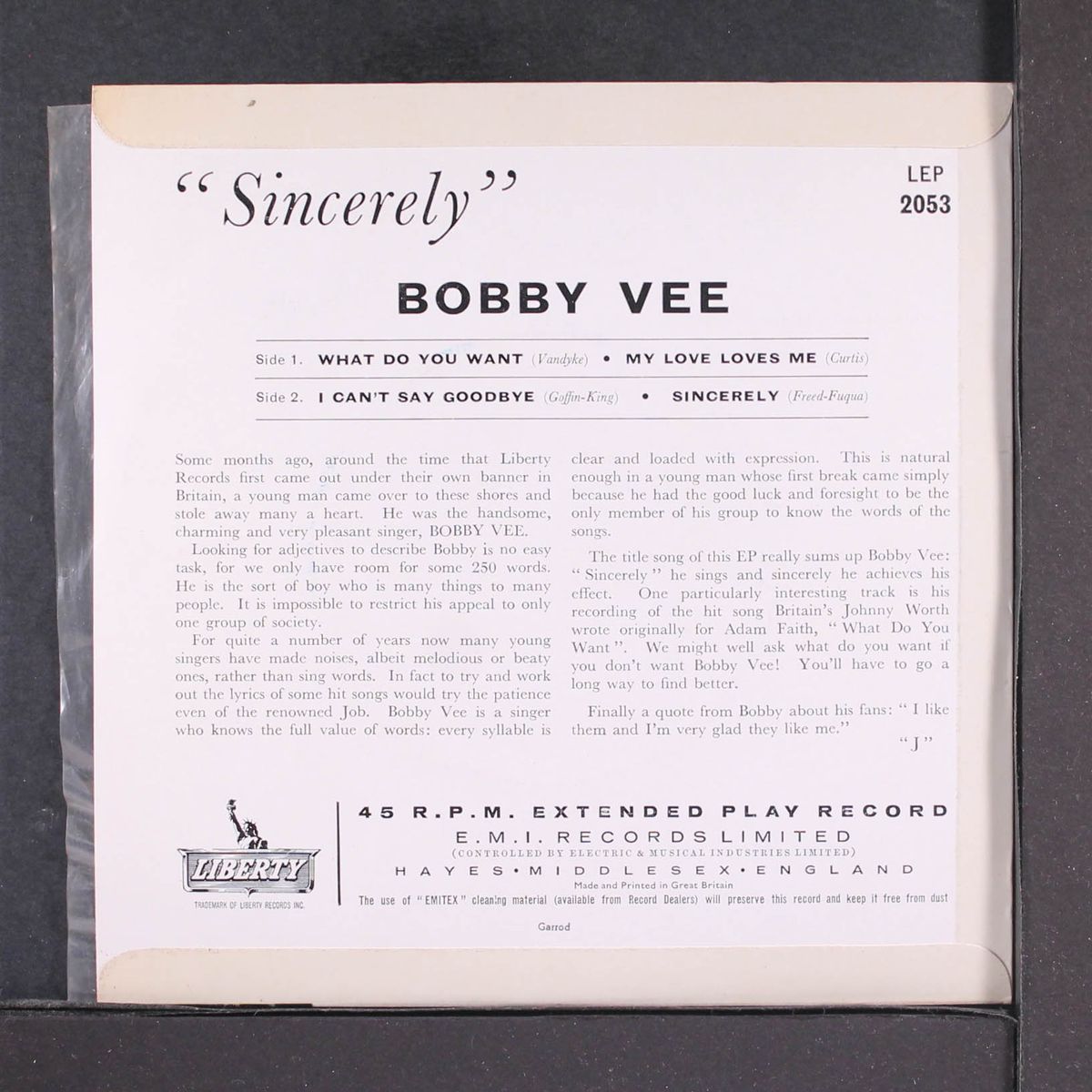 sincerely by BOBBY VEE