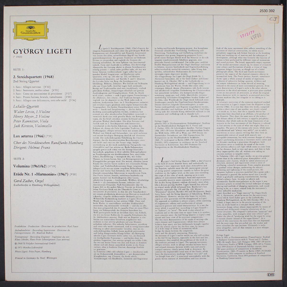ligeti: 2. streichquartett, lux aeterna, volumina, etude nr. 1 by GERD ZACHER