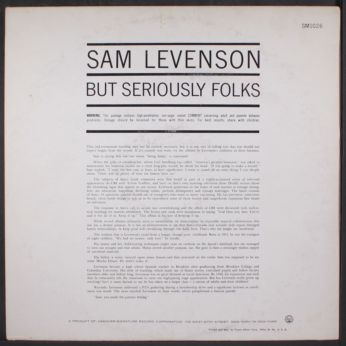 but seriously folks by SAM LEVENSON