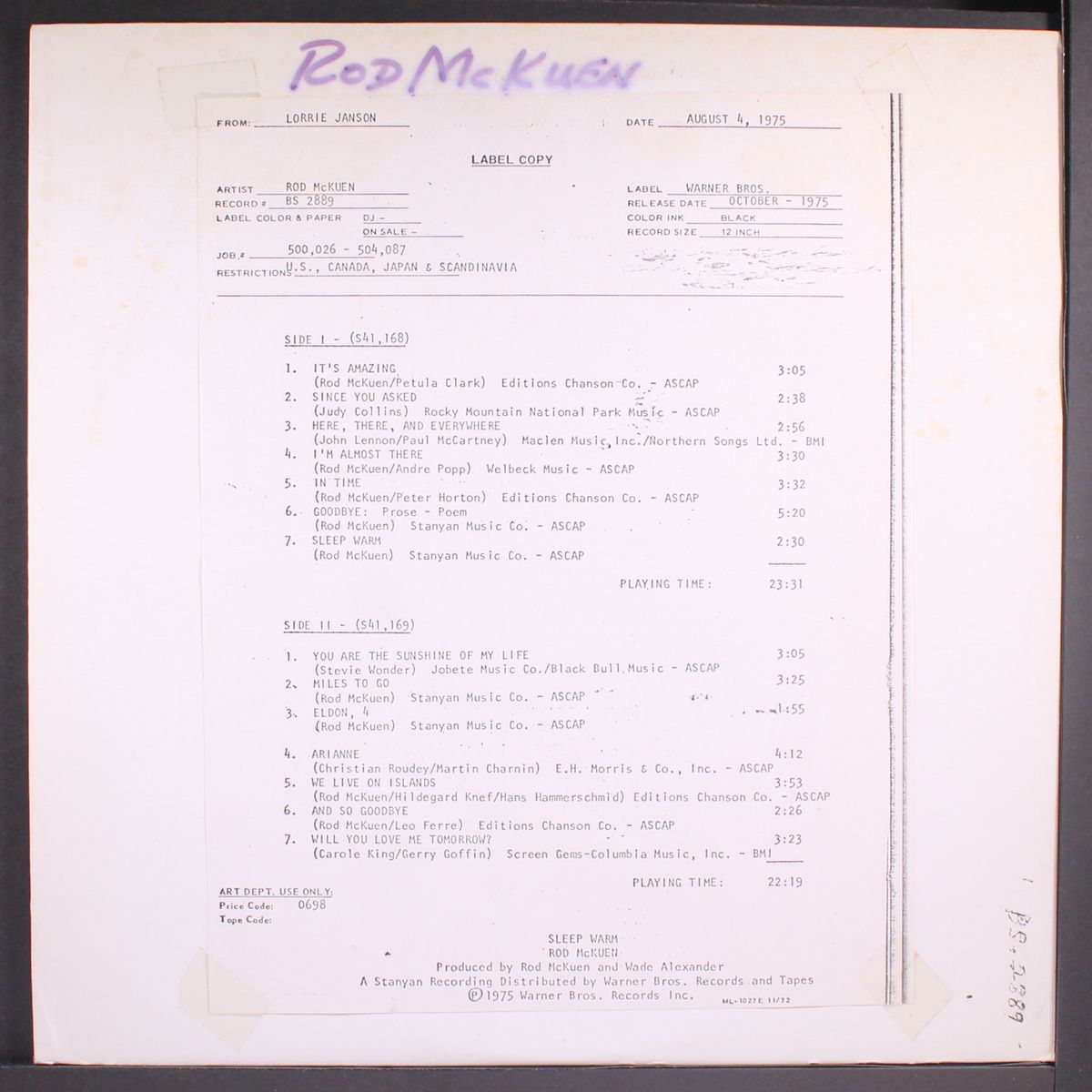 sleep warm by ROD MCKUEN