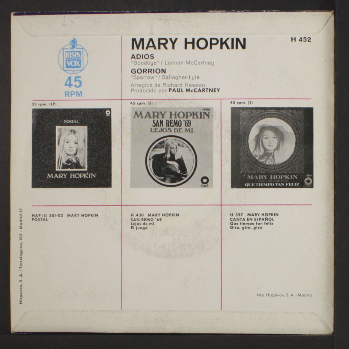 adios / gorrion by MARY HOPKIN