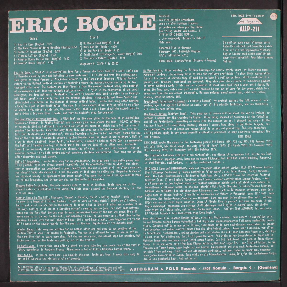 live in person by ERIC BOGLE