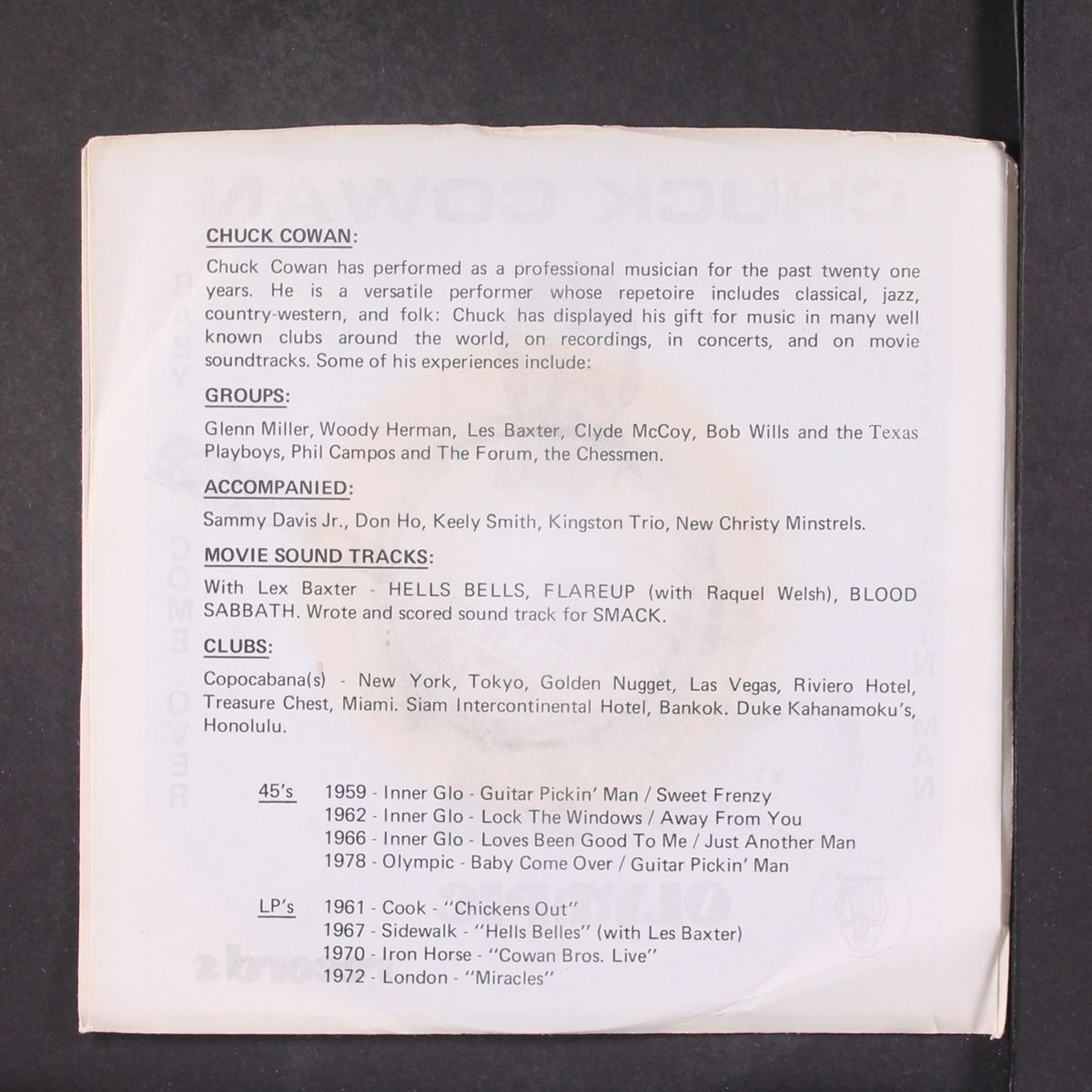 guitar pickin' man / baby come over by CHUCK COWAN