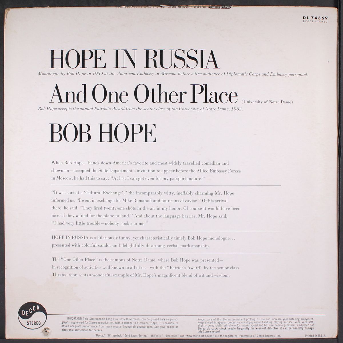 hope in russia and one other place by BOB HOPE