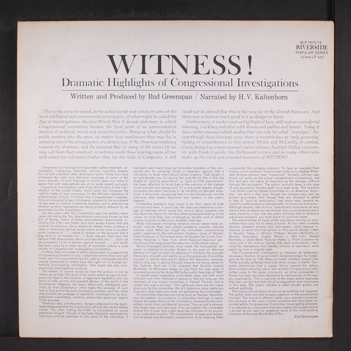 witness! dramatic highlights of congressional investigations by H.V. KALTENBORN