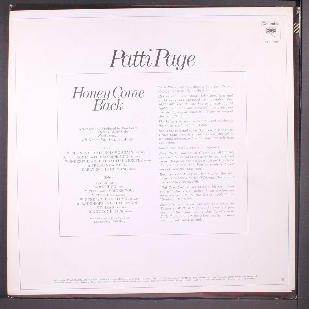 honey come back by PATTI PAGE