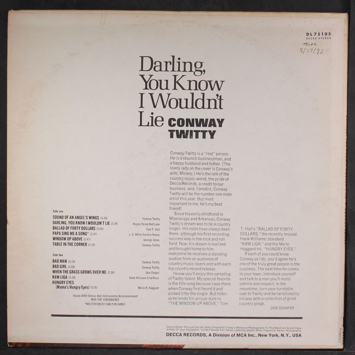 darling, you know i wouldn't lie by CONWAY TWITTY