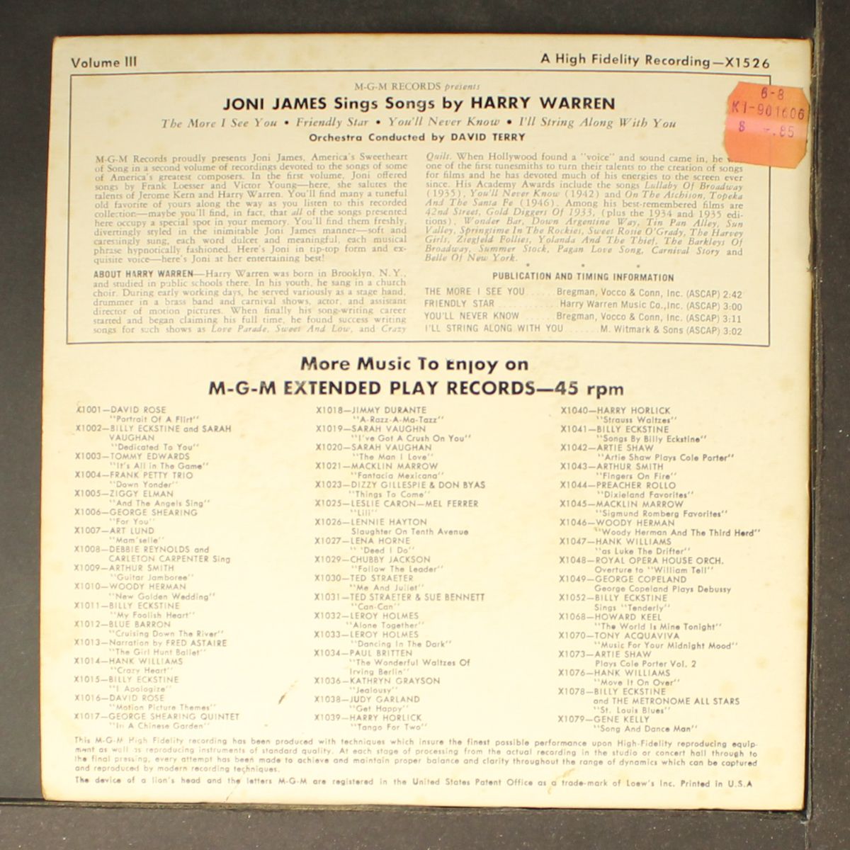 sings songs by harry warren by JONI JAMES