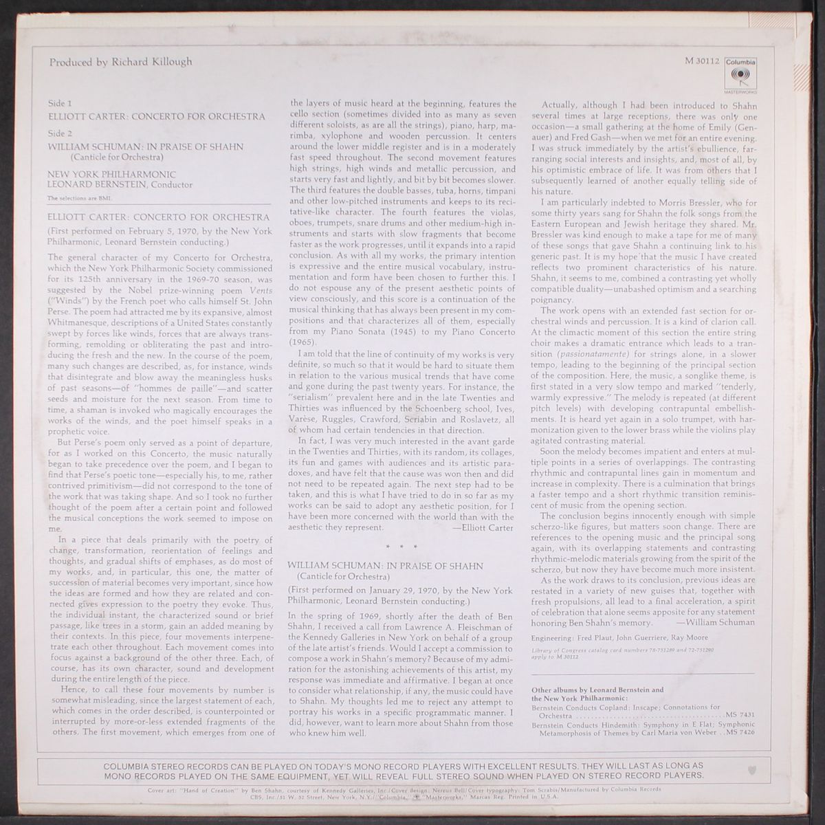 carter: concerto for orchestra, schuman: in praise of shahn by LEONARD BERNSTEIN
