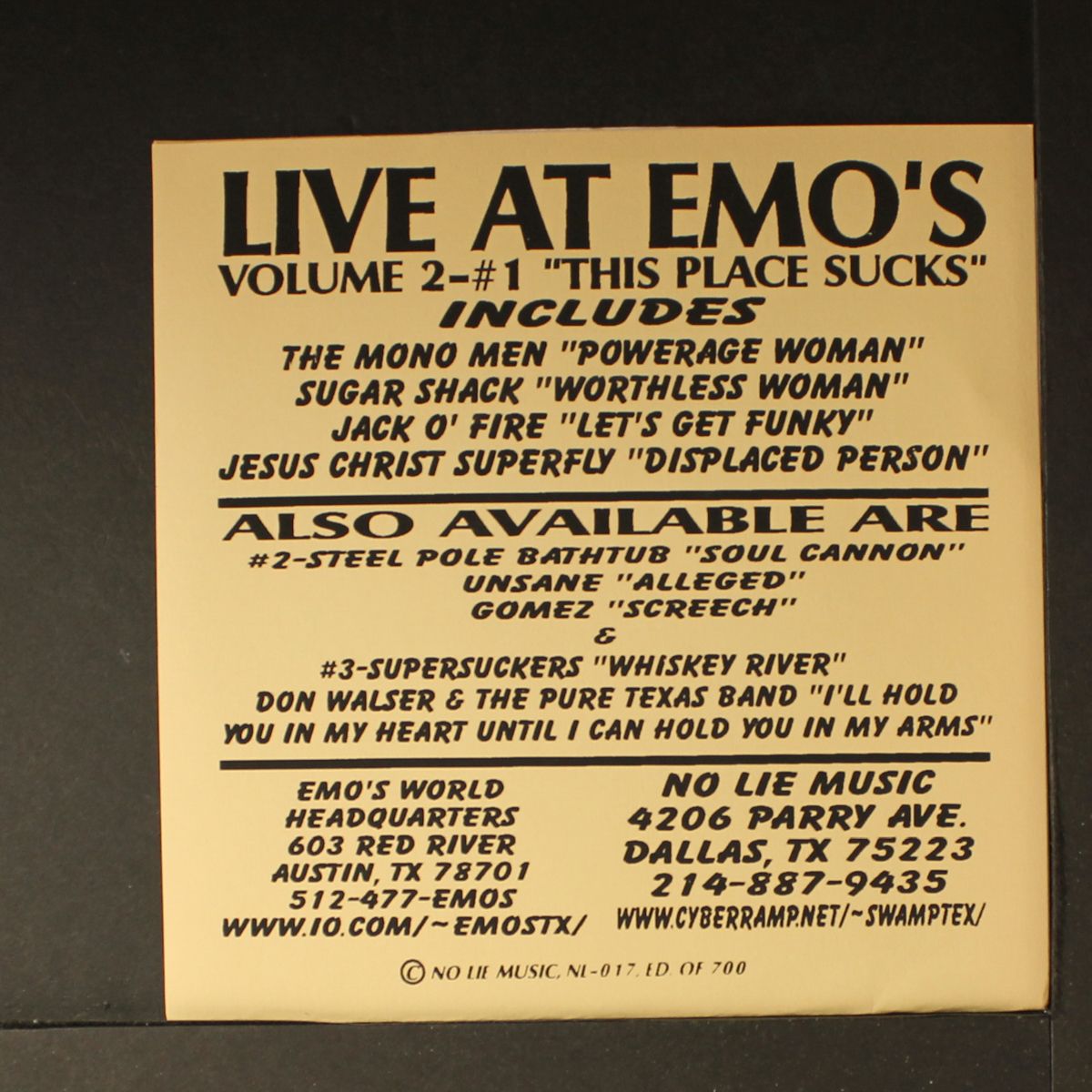 live at emo's, vol. 2 -#1 this place sucks by VARIOUS