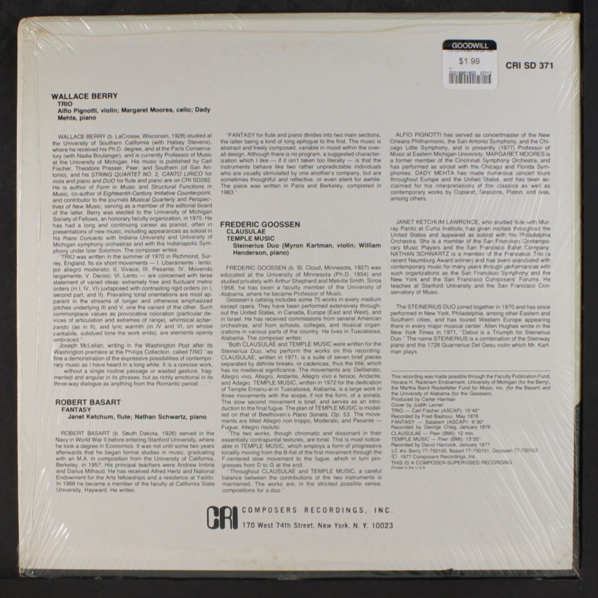 chamber music by WALLACE BERRY, ROBERT BASARTE, FREDERIC GOOSSEN