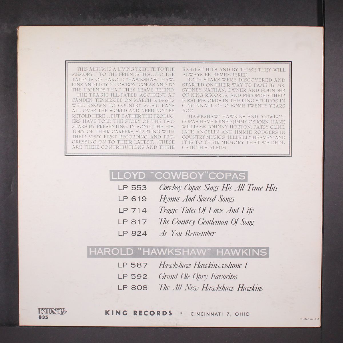 in memory by COWBOY COPAS / HAWKSHAW HAWKINS