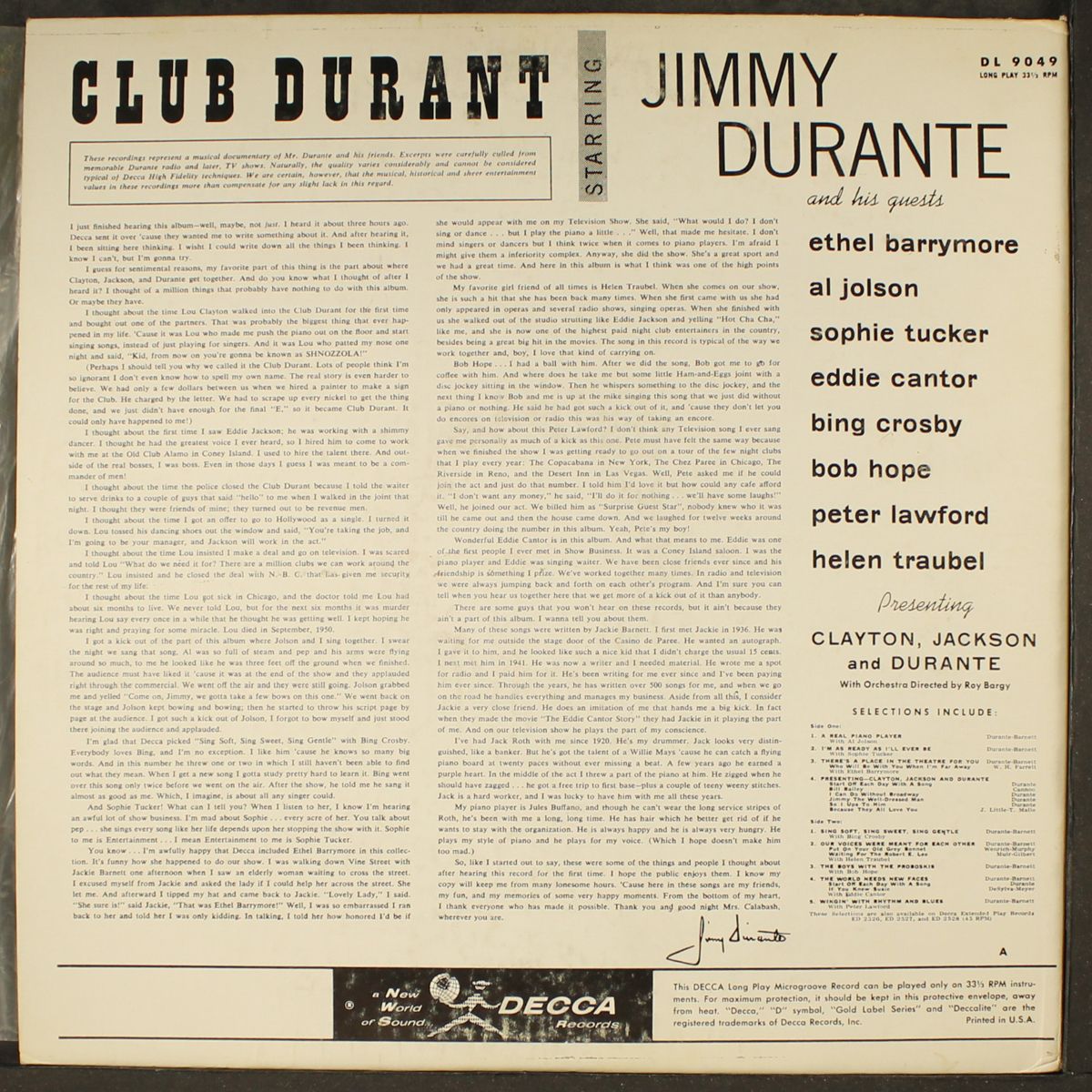 club durant, starring jimmy and his guests by JIMMY DURANTE