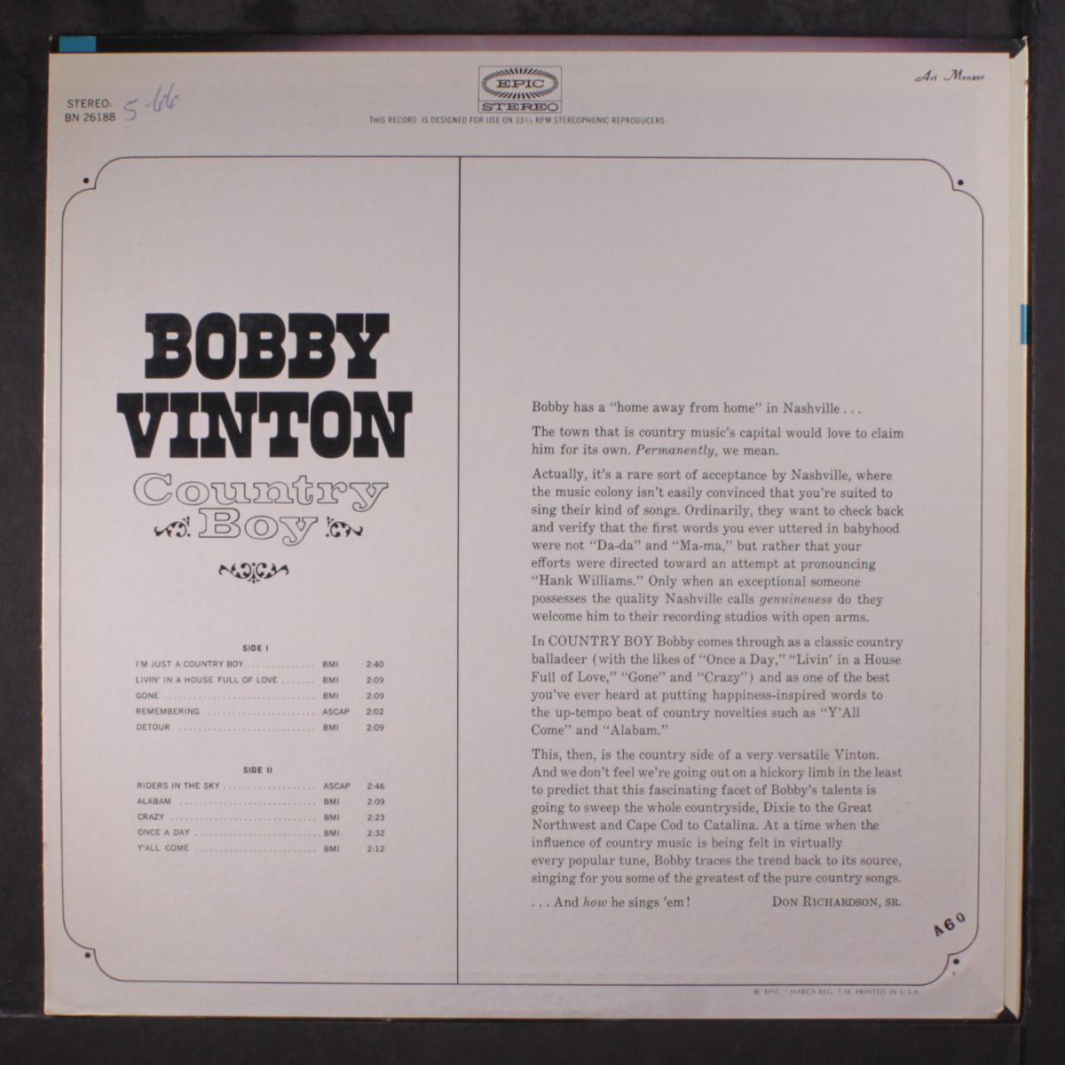 country boy by BOBBY VINTON