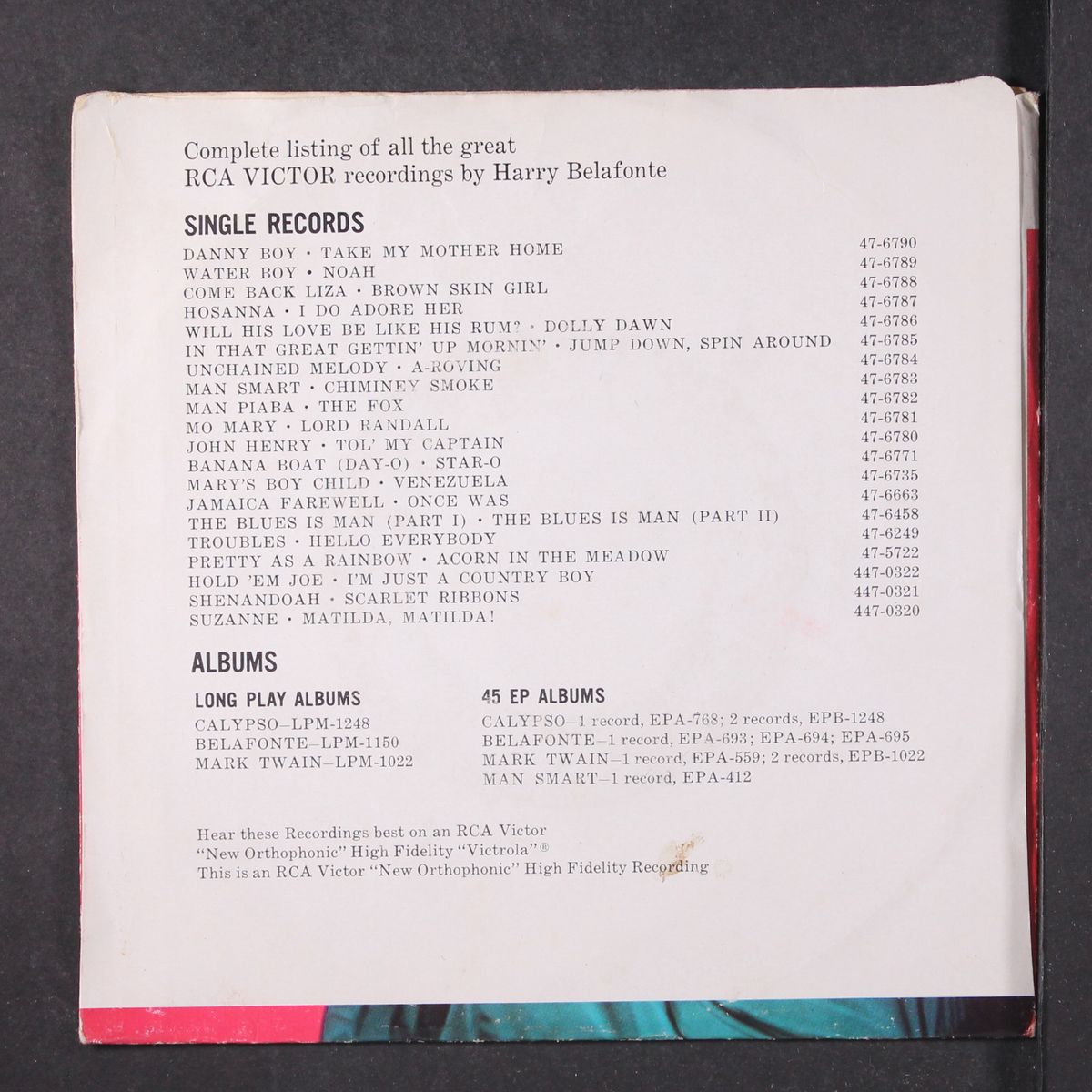 unchained melody / a-roving by HARRY BELAFONTE
