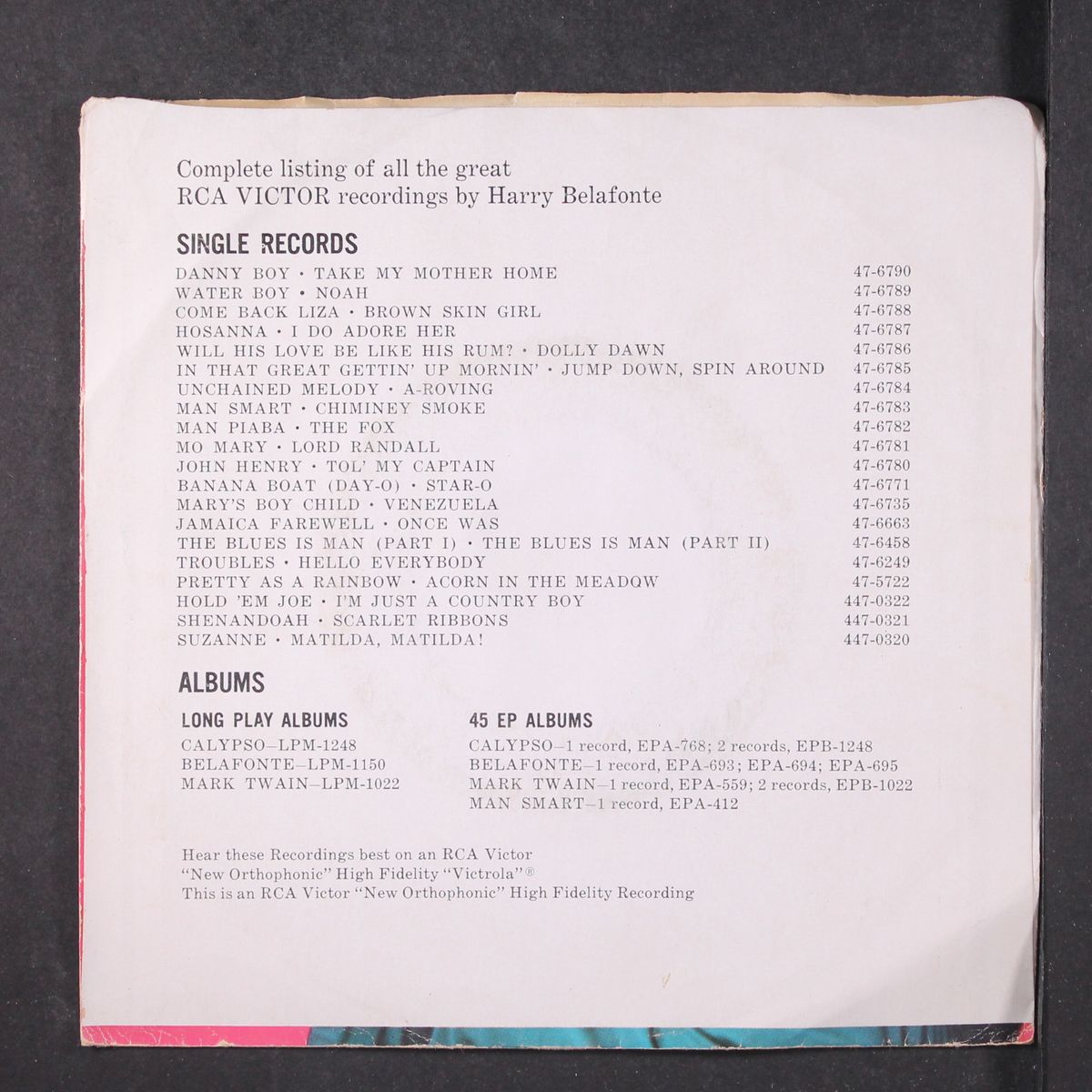 danny boy / take my mother home by HARRY BELAFONTE