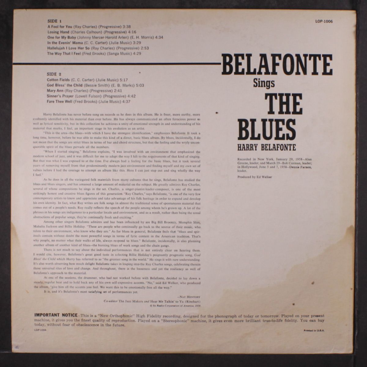belafonte sings the blues by HARRY BELAFONTE