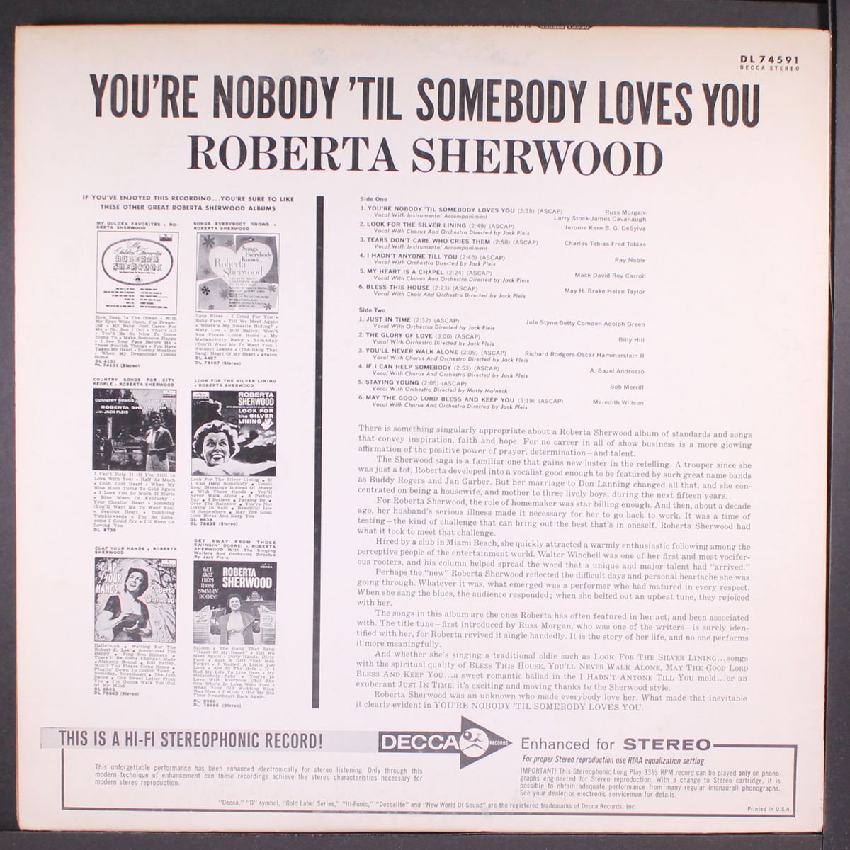 you're nobody 'til somebody loves you by ROBERTA SHERWOOD