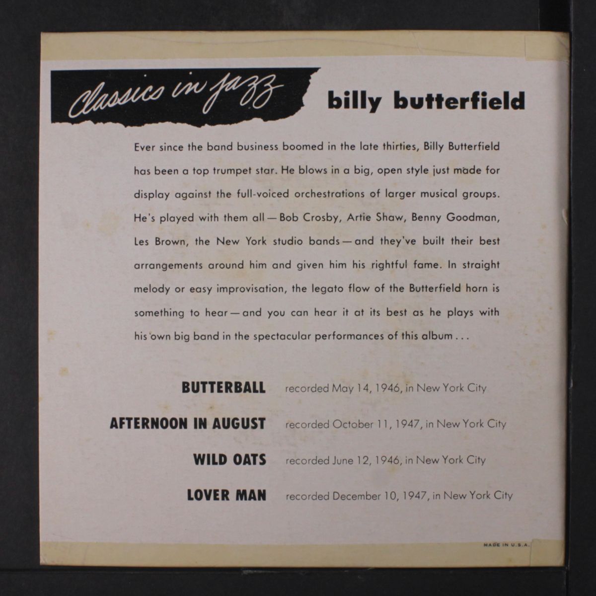 classics in jazz by BILLY BUTTERFIELD