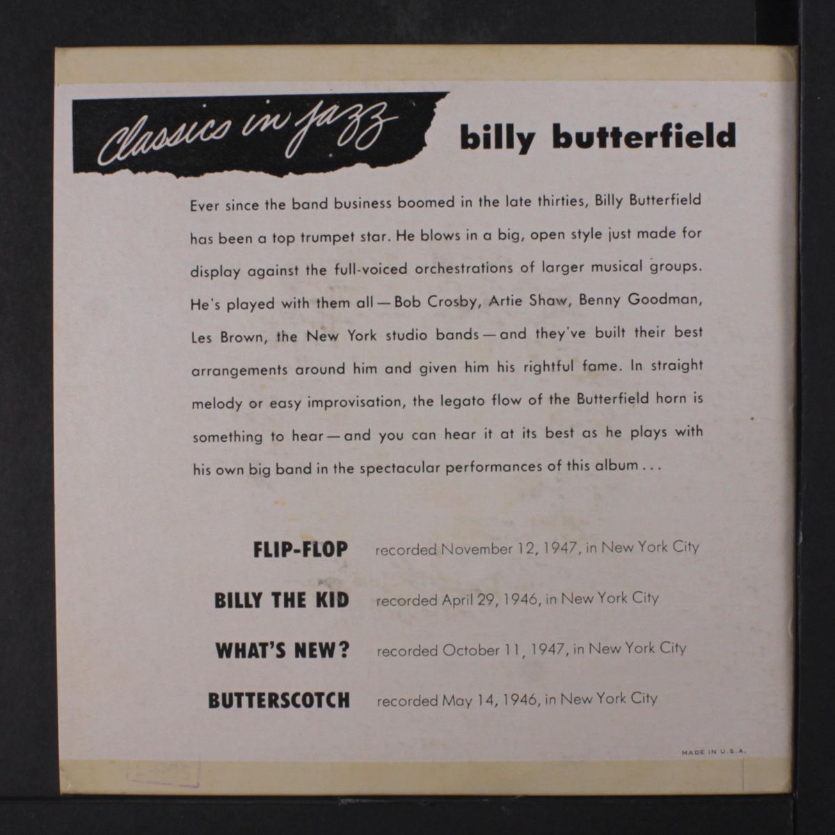 classics in jazz, part 2 by BILLY BUTTERFIELD