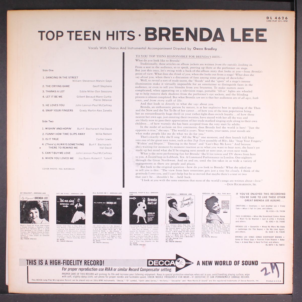 sings top teen hits by BRENDA LEE