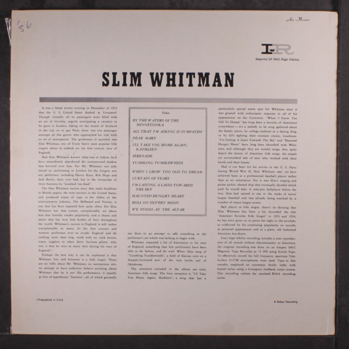 sings by SLIM WHITMAN