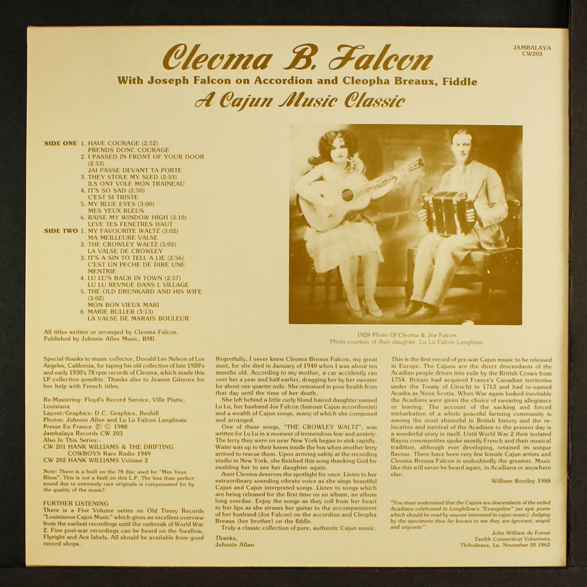 a cajun music classic by CLEOMA B. FALCON