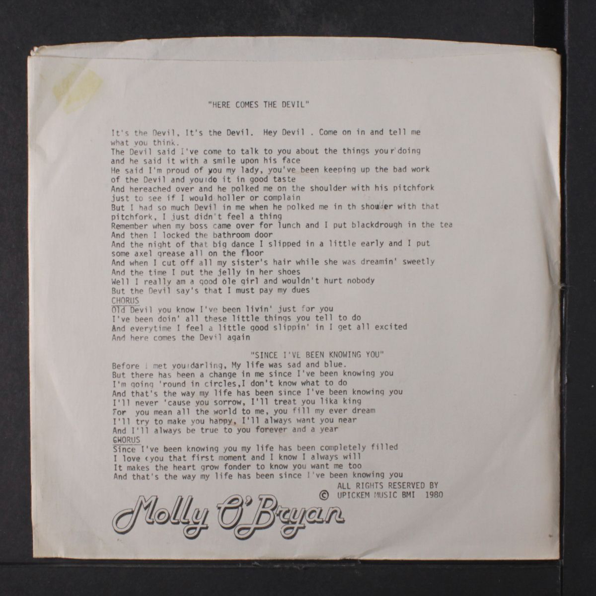 here comes the devil / since i've been knowing you by MOLLY O'BRYAN