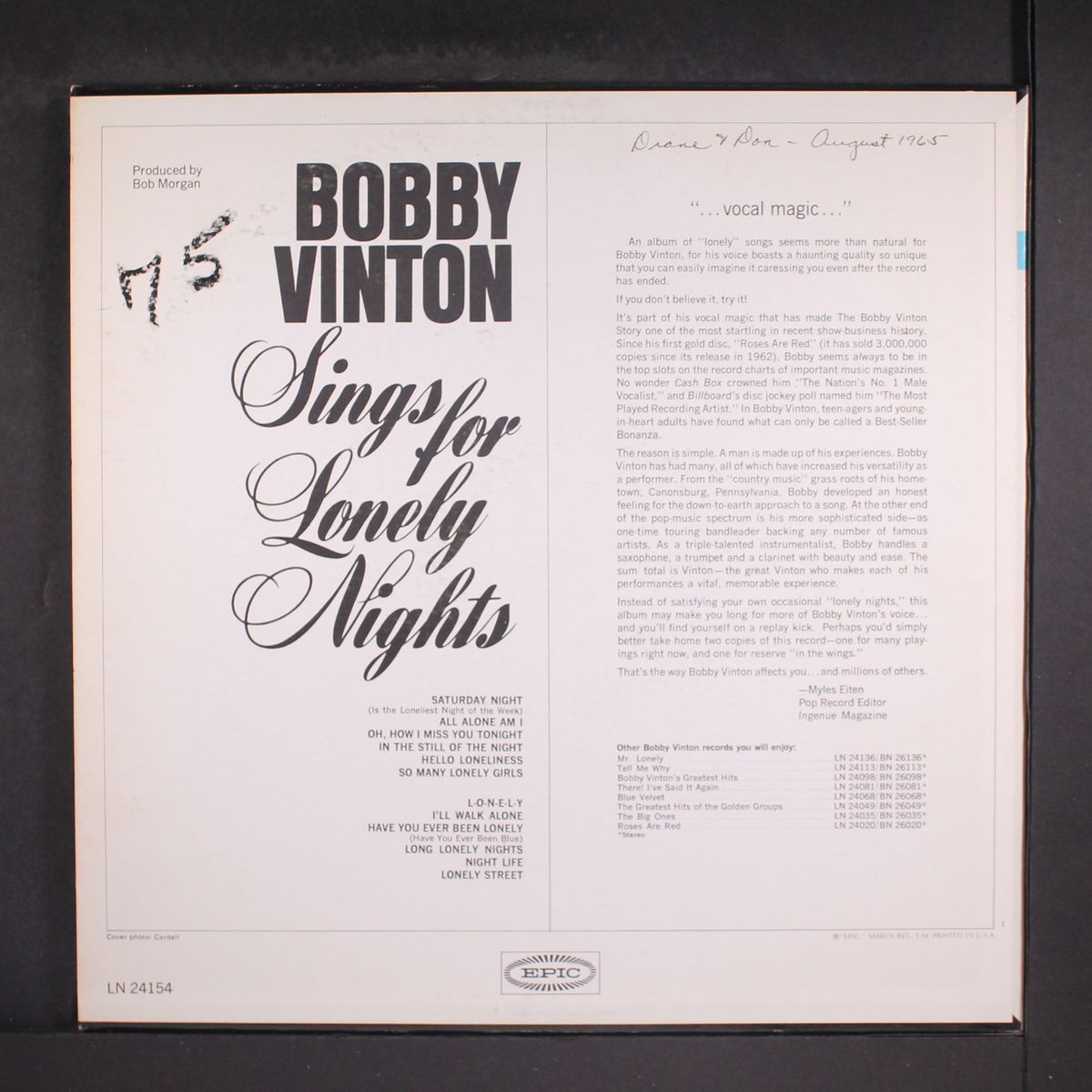 sings for lonely nights by BOBBY VINTON