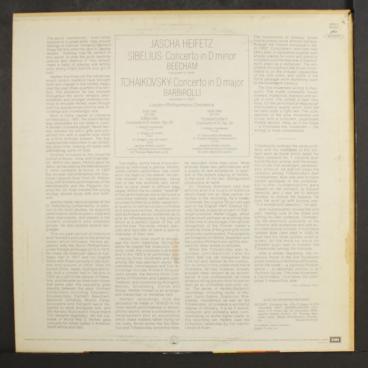 sibelius: concerto in d minor, tchaikovsky: concerto in d major by JASCHA HEIFETZ