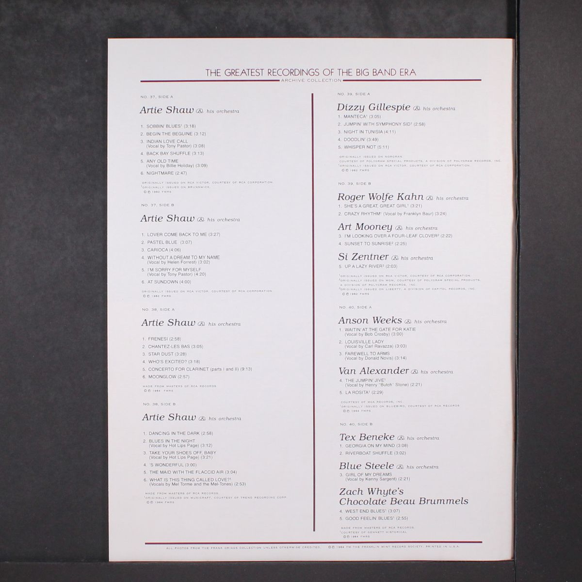 the greatest recordings of the big band era by ARTIE SHAW / DIZZY GILLESPIE / ANSON WEEKS / T