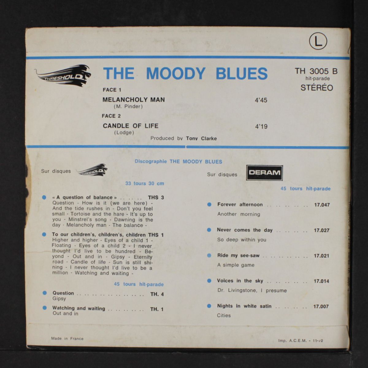 melancholy man / candle of life by MOODY BLUES