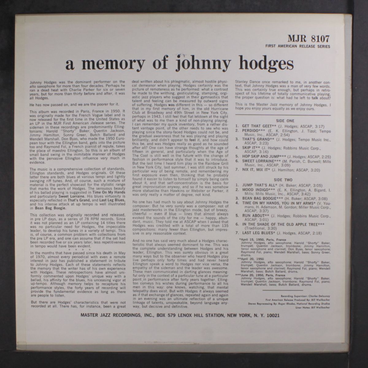 a memory of by JOHNNY HODGES