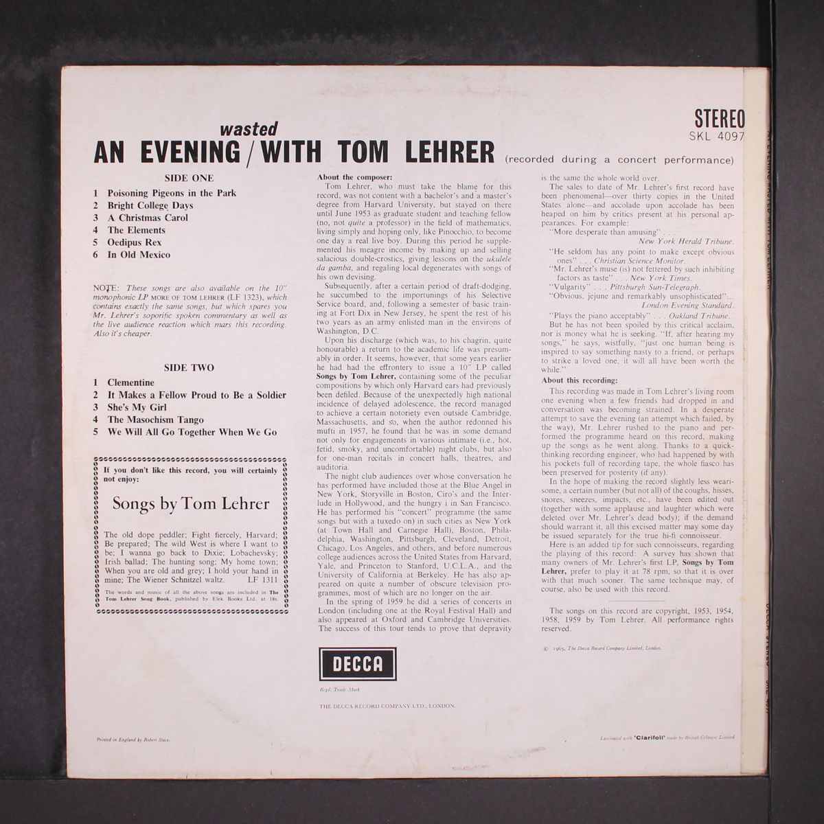 an evening wasted with by TOM LEHRER